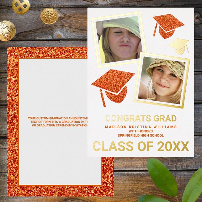 Grad Glam Orange Cap Foto Collage Graduate Folieneinladung (Von Creator hochgeladen)