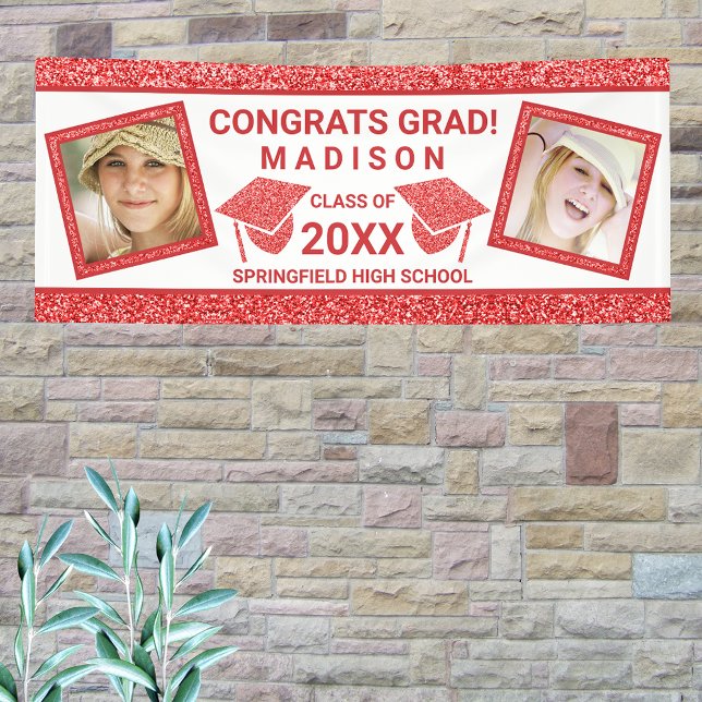 Grad Glam Red Cap Graduation Party Picture Banner (Von Creator hochgeladen)