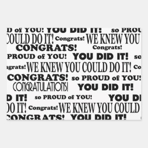 Grad-Glückwunschs für Weißtext und Schwarz Geschenkpapier Set