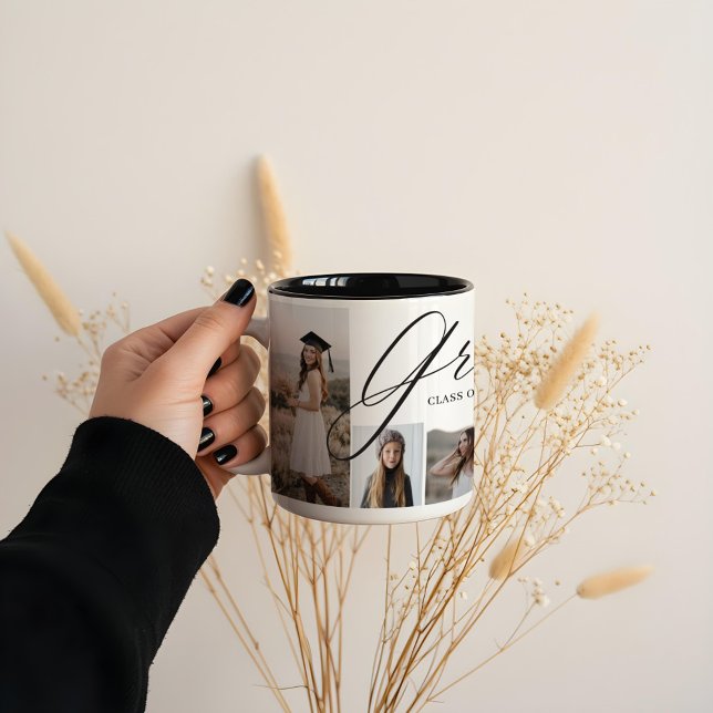 Grad Herz Elegante Script Graduate Foto Collage Zweifarbige Tasse (Grad Heart Elegant Script Graduate Photo Collage Two-Tone Coffee Mug)