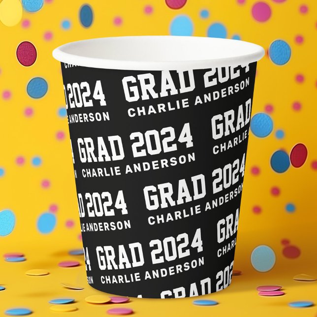 Grad Jahr 2024 Studienbezeichnung Schwarz-weiß Pappbecher (Grad year 2024 graduate name black white paper cups)