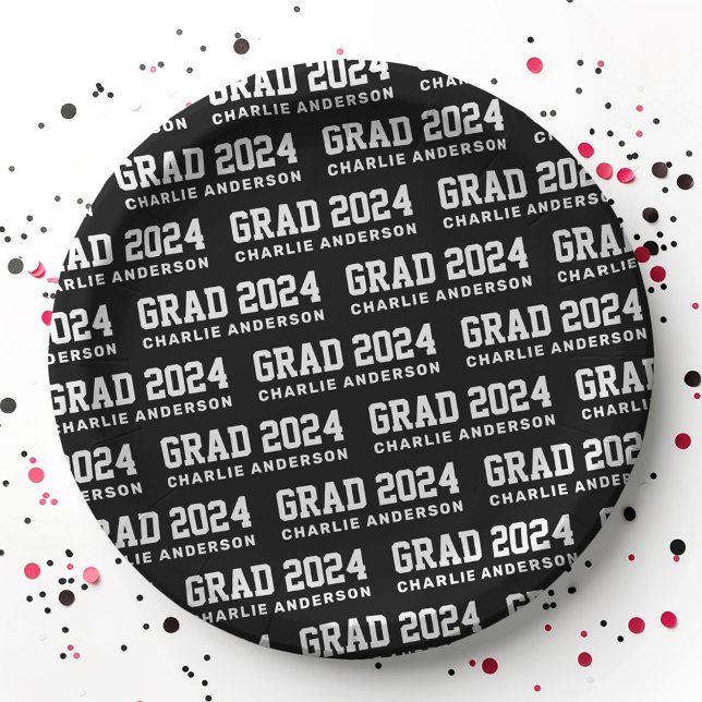 Grad Jahr 2024 Studienbezeichnung Schwarz-weiß Pappteller (Grad year 2024 graduate name black white paper plates)