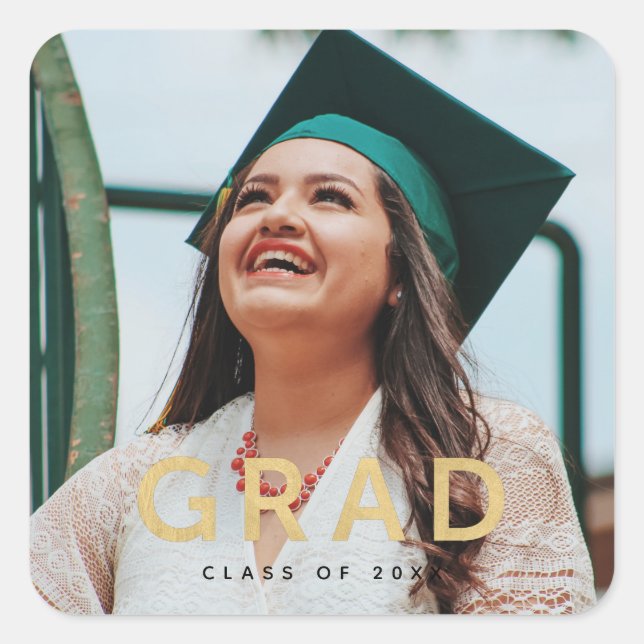 Grad Modern Gold Personalisiert Foto Abschluss Quadratischer Aufkleber (Vorderseite)