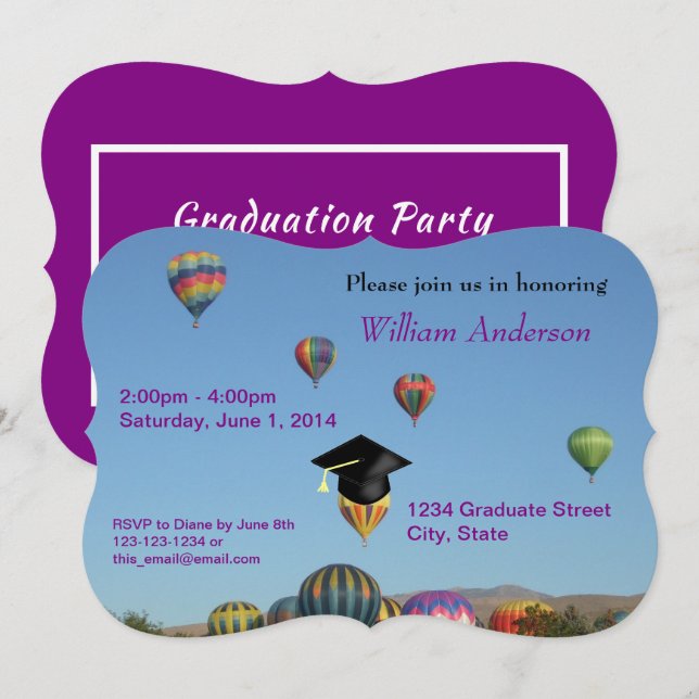 Grad Party Einfach Lila Heißluftballon Einladung (Vorne/Hinten)