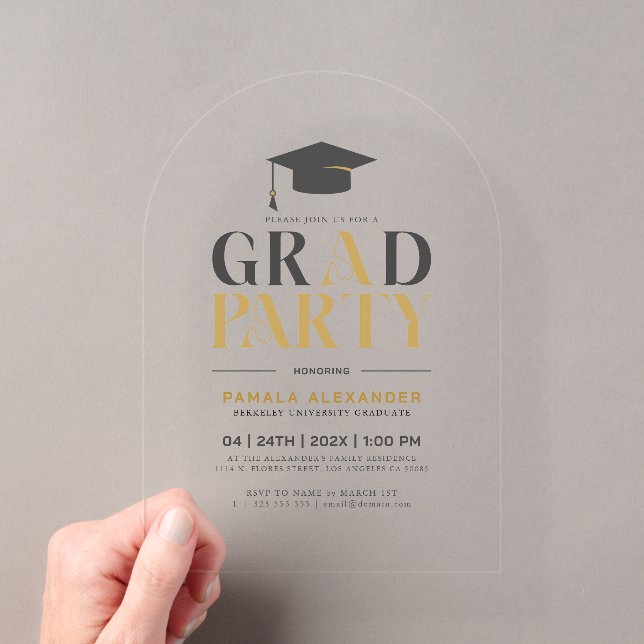 Grad Party Gold Gray Retro Typography Acryleinladungen (Insitu (Handheld))