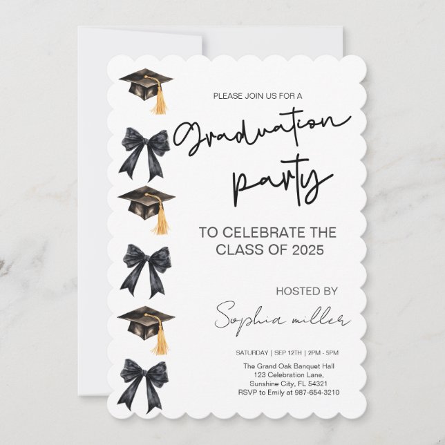 Grad Party Invite Class of 2025,Black Bow Einladung (Vorderseite)
