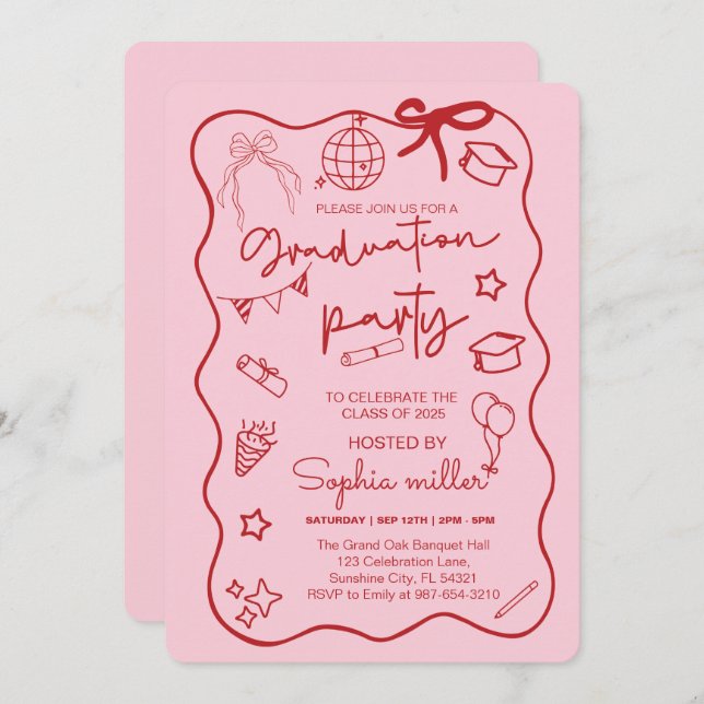 Grad Party Retro Invite Class of 2025,Whimsical Einladung (Vorne/Hinten)