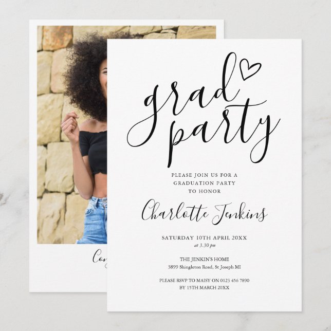 Grad Party Script Heart Foto Graduation Party Einladung (Vorne/Hinten)