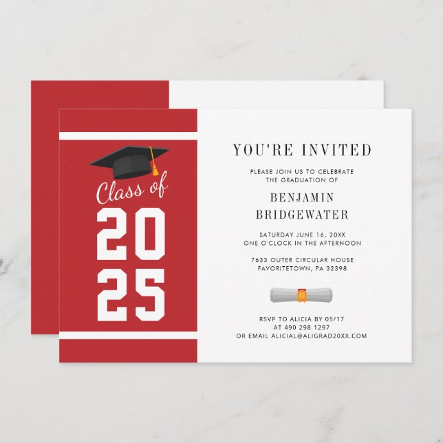 Grad Red White Graduation 2025 Invitation (Devant / Derrière)
