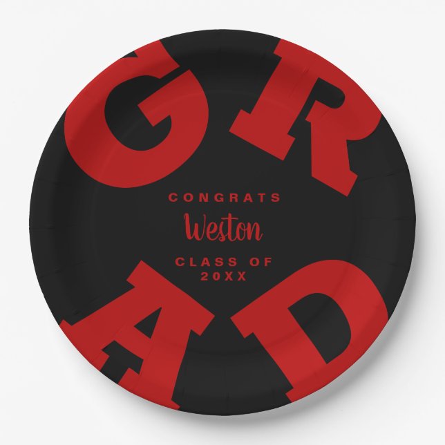 GRAD Scarlet Red auf Black Custom Abschluss Pappteller (Vorderseite)