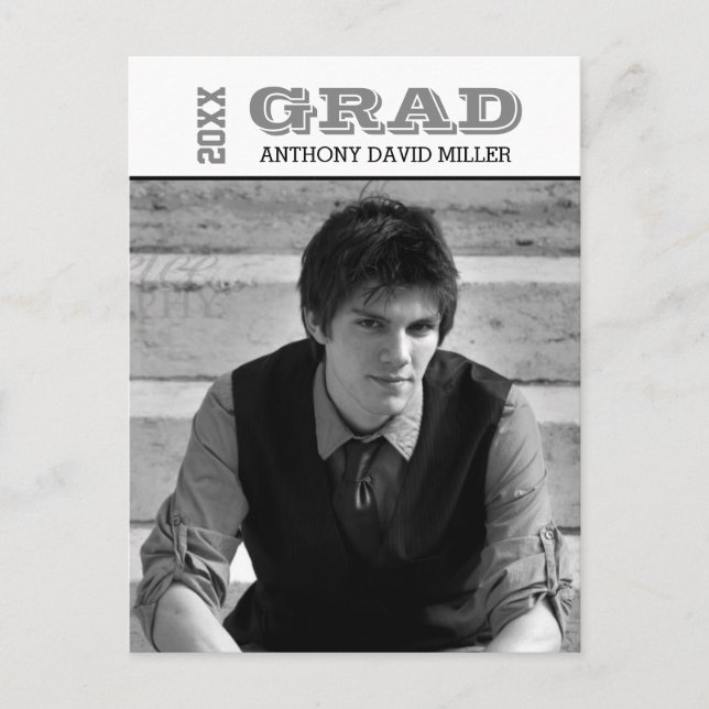 Grad Schwarz/Weiß-Abschluss Ankündigung Postkarte (Vorderseite)