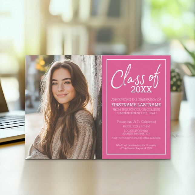 Grad Trendy Abschluss Foto Ankündigung Rosa (Modern Graduation Announcement and Party Invitation)
