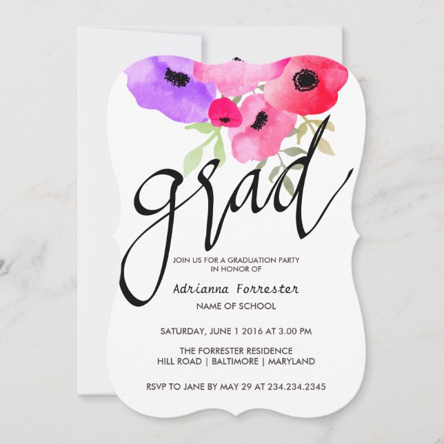 Grad Typografie Bright Watercolor Blume Einladung (Vorderseite)