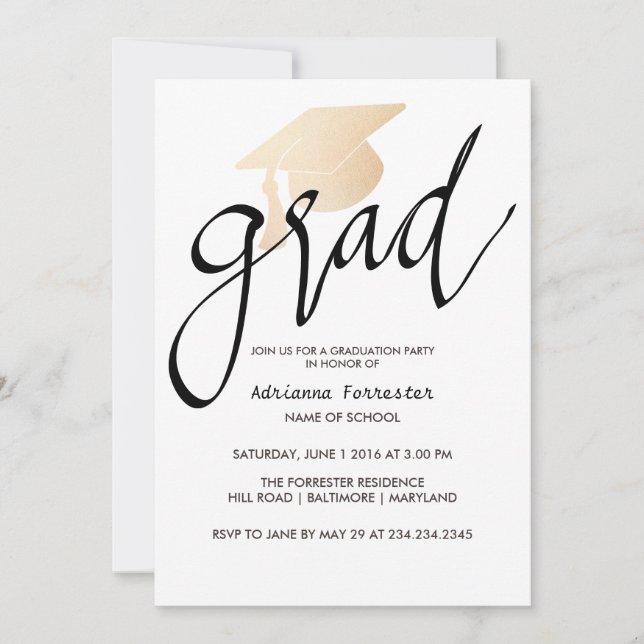 Grad Typography Rose Gold Foil Graduation Hat Einladung (Vorderseite)