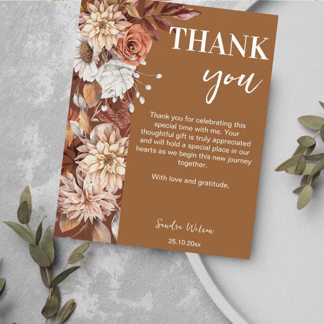 Gradbraun-braune boho-Blume danke Ihnen Karten (Boho desert brown dried floral bridal shower thank you cards wedding thank you cards fall themed)