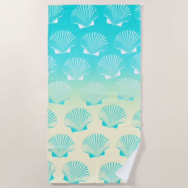 Gradient aqua blue und gelb seashell pattern strandtuch (Vorderseite)