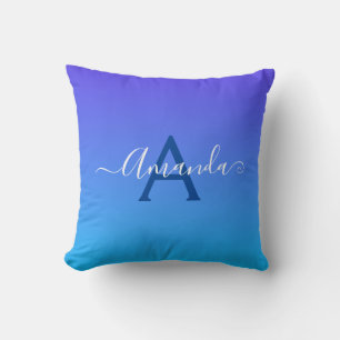 Gradient Blue elegante Monogram und Name Kissen
