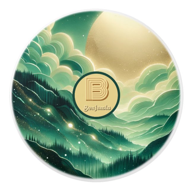 Gradient Emerald Kelly Green Glitzer Mit Monogramm Keramikknauf (Vorderseite)