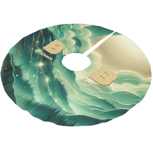 Gradient Emerald Kelly Green Glitzer Mit Monogramm Polyester Weihnachtsbaumdecke (Schrägansicht)