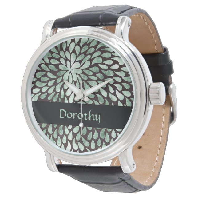 Gradient grüne Blätter auf schwarz Armbanduhr (Schrägansicht)