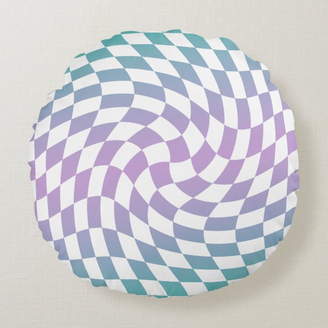 Gradient Ombre Blue Lilac Warped Karo überprüft Rundes Kissen (Vorderseite)