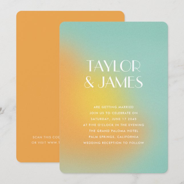 Gradient Orange Türkis QR Code Moderne Hochzeit Einladung (Vorne/Hinten)