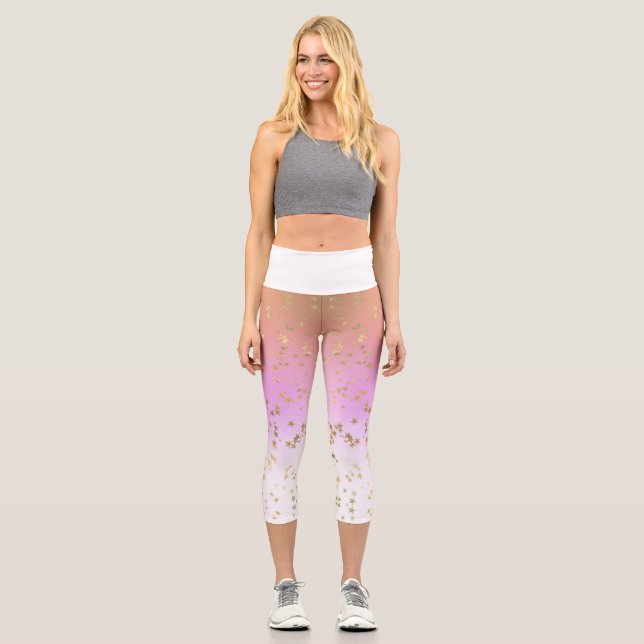 Gradient peach lila white gold star pattern capri leggings (Vorderseite)