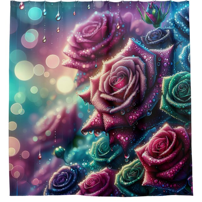 "Gradient Rose with Dewdrops" Duschvorhang (Vorderseite)