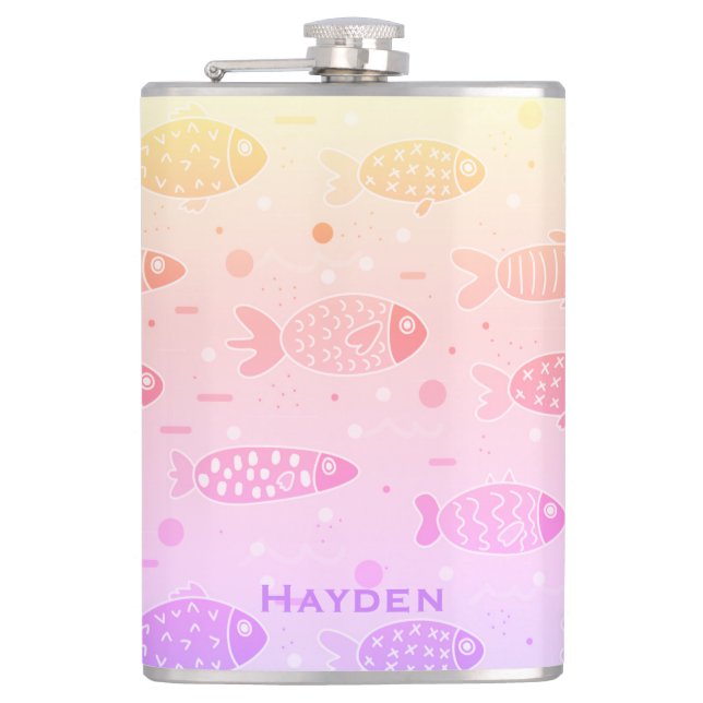 Gradient Sunset Fish Muster Modernes Personalisier Flachmann (Vorderseite)