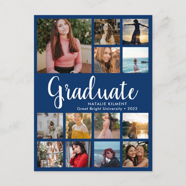 Graduate 13 Foto Collage Blue & White Abschluss Ankündigungspostkarte (Vorderseite)