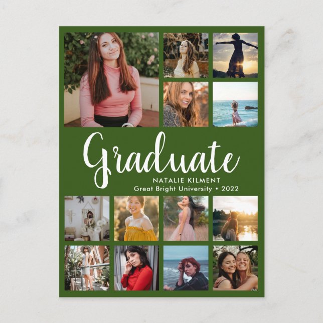 Graduate 14 Foto Collage Green & White Abschluss Ankündigungspostkarte (Vorderseite)