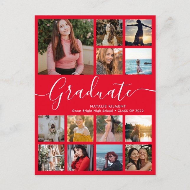 Graduate 14 Foto Collage Rot und Weiß Abschluss Ankündigungspostkarte (Vorderseite)