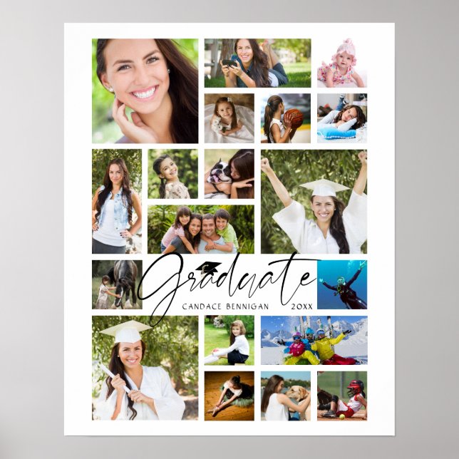 Graduate 19 Foto Collage Script weiß Custom Poster (Vorne)