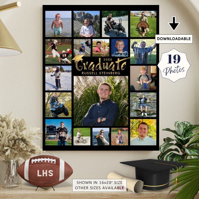 Graduate 19 Foto Gold Brush Typografie Black Poster (Von Creator hochgeladen)