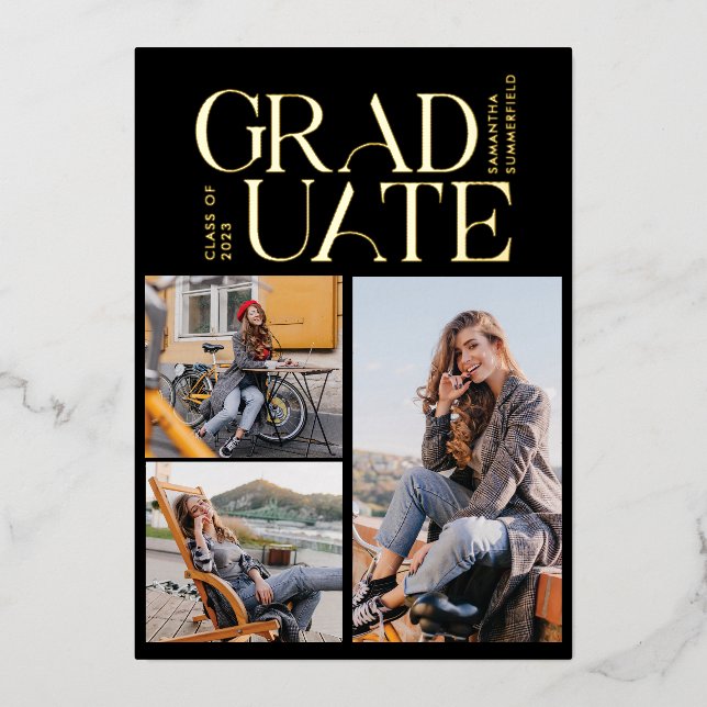 Graduate 2024 Foto Collage Graduation Party Gold Folieneinladung (Vorderseite)