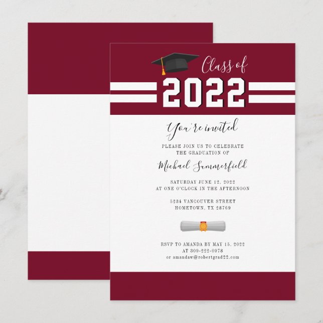 Graduate 2025 Burgund White Graduation Party Einladung (Vorne/Hinten)