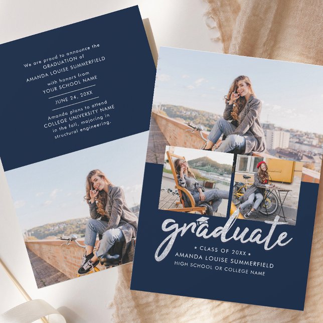 Graduate 2025 Script Foto Collage Ankündigung (Graduate 2025 Script Photo Collage Navy Blue Grad Announcement)