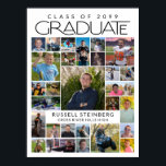Graduate 28 Photo Collage Modern White Black Poster<br><div class="desc">Celebrate your graduate with a personalized graduation photo memory poster print featuring 28 photos from childhood through senior year in a clean modern layout with multiple shapes and sizes. This design highlights the graduate’s name, school and class year in bold typography, making it a meaningful focal point for an open...</div>