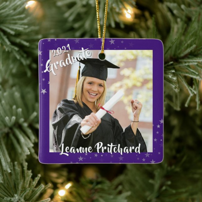 Graduate 2 Foto Lila Pinselskriptsterne Keramikornament (Baum)
