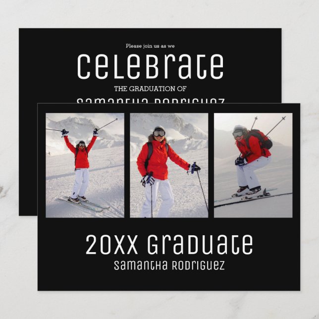 Graduate Black 3 Foto Graduation Party 2025 Einladung (Vorne/Hinten)