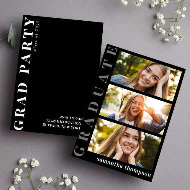 Graduate Black and White Modernes Minimalistisches Ankündigung (Graduation black and white modern announcement with three photo templates. )