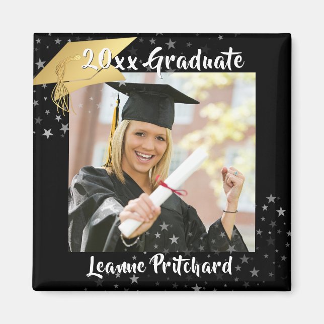 Graduate Black Gold Cap Brush Script Foto Stars Magnet (Vorne)
