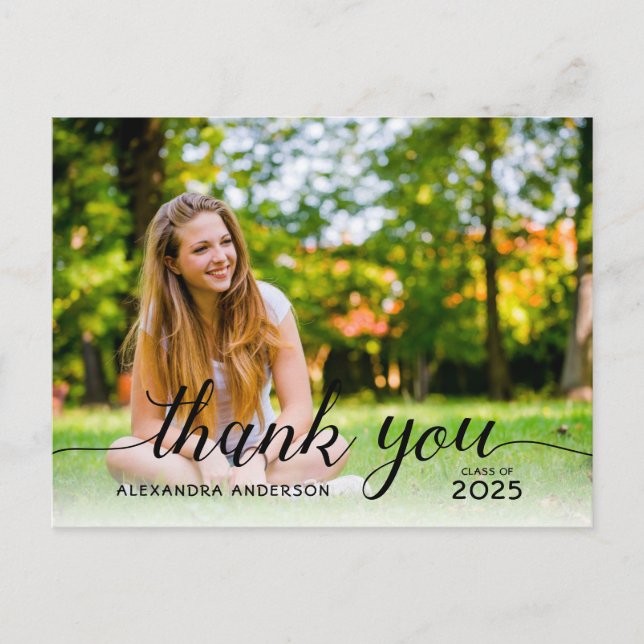 Graduate Black Script Foto Abschluss Vielen Dank Postkarte (Vorderseite)
