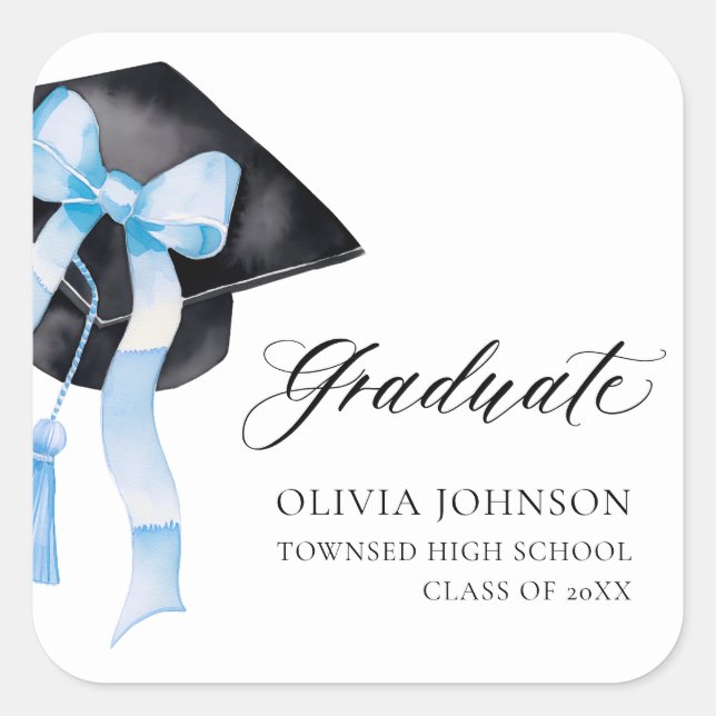 Graduate Blue Bow Coquette Graduation Cap Quadratischer Aufkleber (Vorderseite)