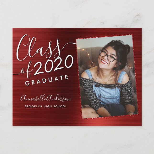 Graduate Burgundy Brushed Metal Foto Abschluss Ankündigungspostkarte (Vorderseite)