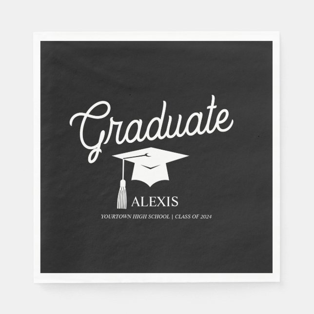 Graduate Cap Schwarz-weiß Name Class Serviette (Vorderseite)