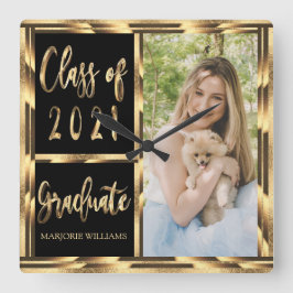 Graduate Class 2021 für Schwarz-Gold-Foto Quadratische Wanduhr