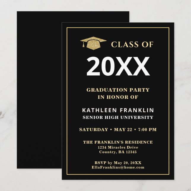 Graduate Class Abschluss Gold Schwarze Elegante Einladung (Vorne/Hinten)