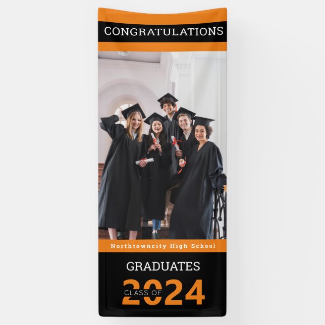 Graduate Class Black Orange Foto Abschluss Banne Banner (Vertikal)