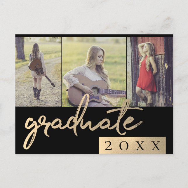 Graduate Collage | Gold Script 3 Foto Keepake Einladungspostkarte (Vorderseite)